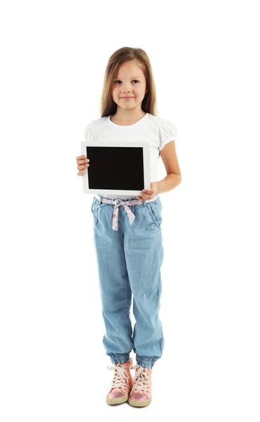 Красива маленька дівчинка з цифровим планшетом — стокове фото