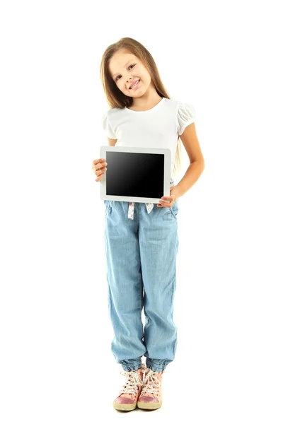 Hermosa niña con tableta digital — Foto de Stock