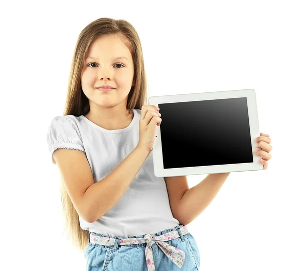 漂亮的小女孩，与数字平板电脑 — 图库照片