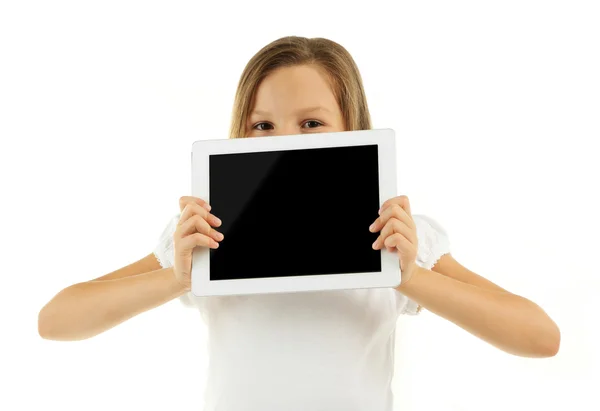 Menina bonita com tablet digital — Fotografia de Stock