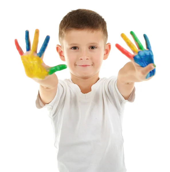 Petit garçon avec les mains dans la peinture — Photo