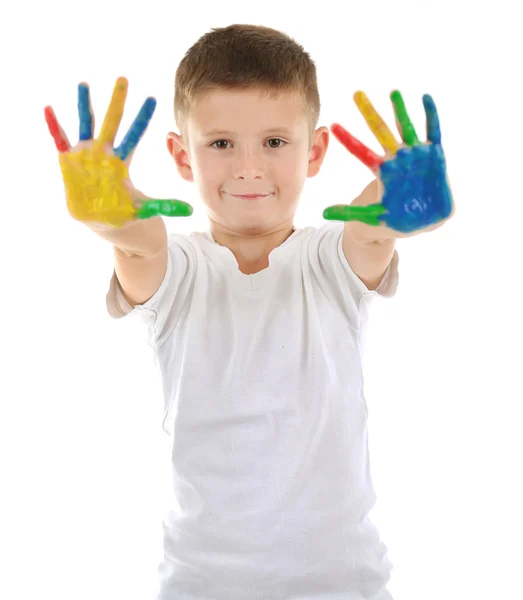 Little boy with hands in paint — Stock Photo, Image