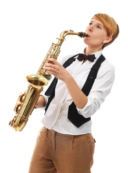 Woman professionally plays jazz on saxophone — Stock Photo, Image