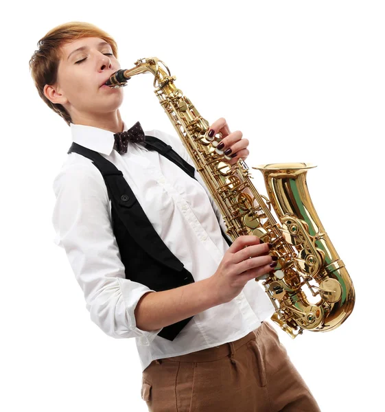 Woman professionally plays jazz on saxophone — Stock Photo, Image