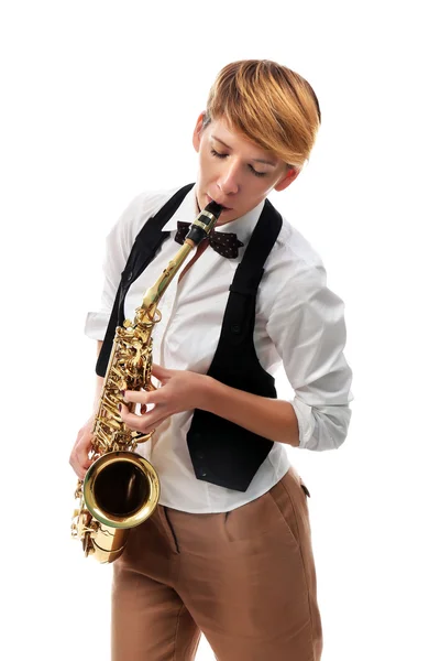 Woman professionally plays jazz on saxophone — Stock Photo, Image