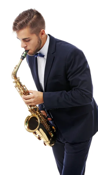 Elegant happy saxophonist plays music on sax on white background — Stock Photo, Image