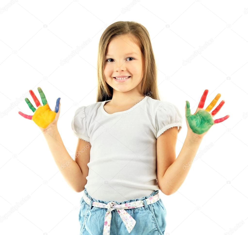 Little girl with hands in paint