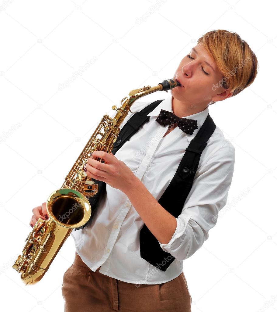 woman professionally plays jazz on saxophone