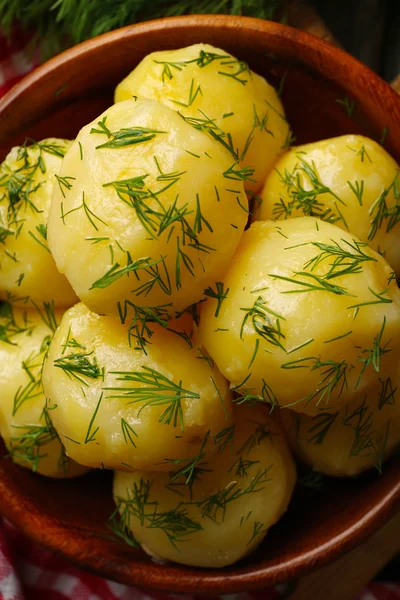 Gekochte Kartoffeln mit Dill in Schüssel aus nächster Nähe — Stockfoto