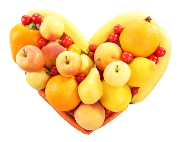 Colourful heart shaped fruit and vegetables composition isolated on white — Stock Photo, Image