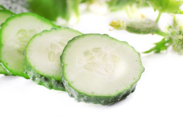 Sliced cucumbers with leafs  on light background, close up — Stock Photo, Image