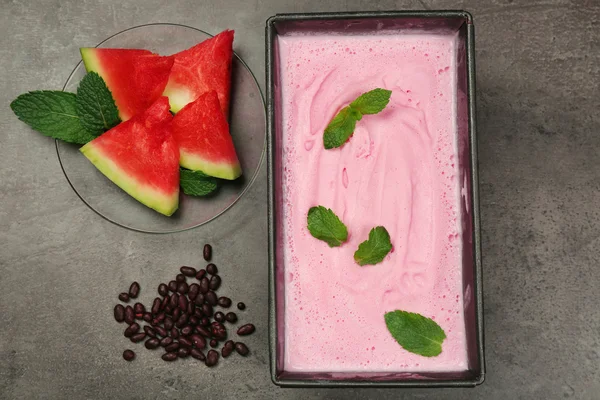 stock image Homemade ice cream in frozen metallic container