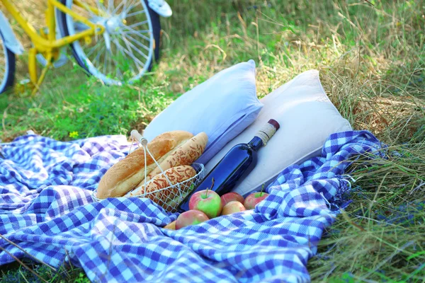 Bicicleta amarela velha e lanche de piquenique — Fotografia de Stock