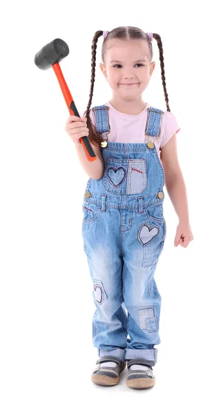 Cute little girl with hammer isolated — Stock Photo, Image