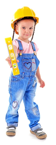 Little girl in yellow helmet with grade — Stock Photo, Image