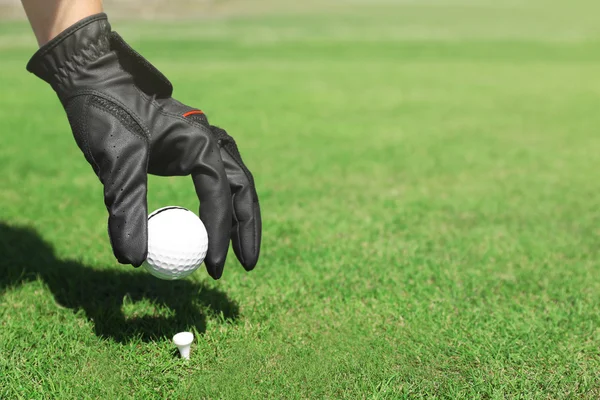 Mão na luva preta com bola de golfe — Fotografia de Stock