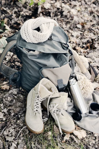 Tourist equipment in forest — Stock Photo, Image