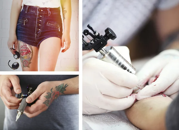 Colagem de fotos com tatuagens — Fotografia de Stock