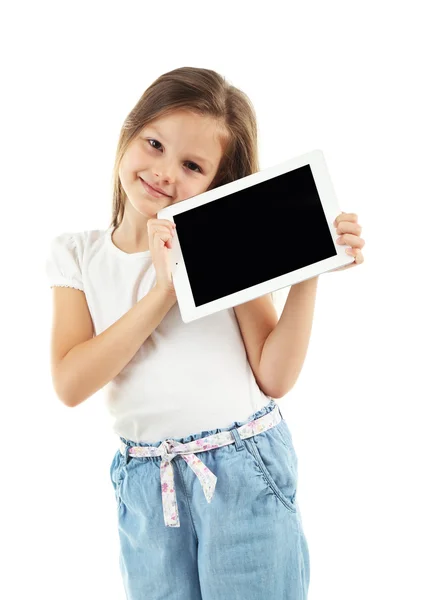 Beautiful little girl with digital tablet — Stock Photo, Image