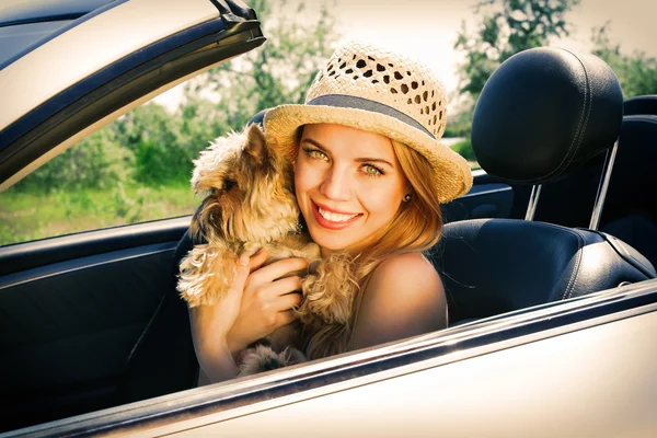 Happy girl with dog in cabriolet — Stock Photo, Image