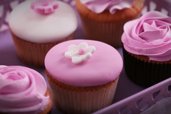 Sabrosos cupcakes en bandeja, primer plano —  Fotos de Stock