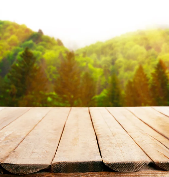 Tavola di legno su sfondo foresta — Foto Stock