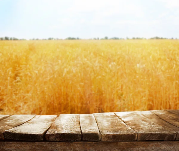 Wooden board on field background — Stock Photo, Image