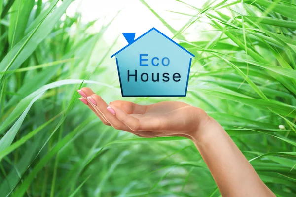 Hand met eco huisje op aard achtergrond — Stockfoto
