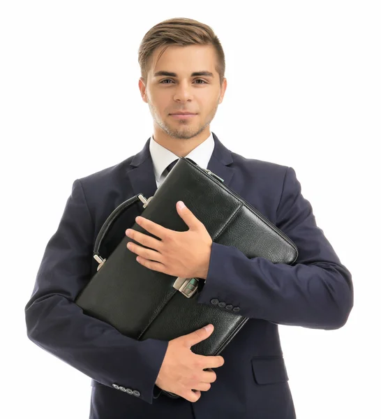 Elegante hombre de traje con maletín aislado en blanco — Foto de Stock