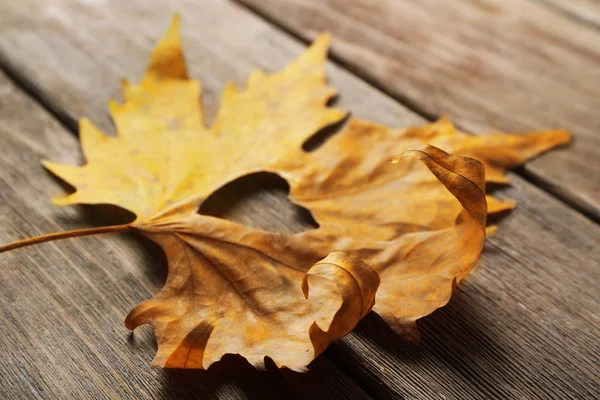 Folha de outono seca com coração recortado em fundo de madeira — Fotografia de Stock