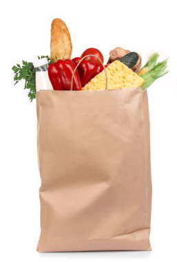Paper bag with products isolated on white clipart