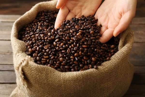 Hands in sac with roasted coffee beans on wooden table — Stock Photo, Image