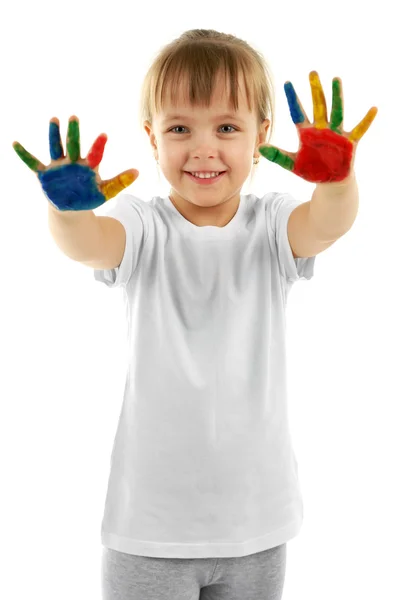 Little girl with hands in paint — Stock Photo, Image