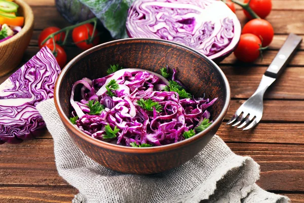 Red cabbage salad served in bowl closeup — Stock Photo, Image
