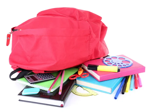 Rode zak met school apparatuur geïsoleerd op wit — Stockfoto