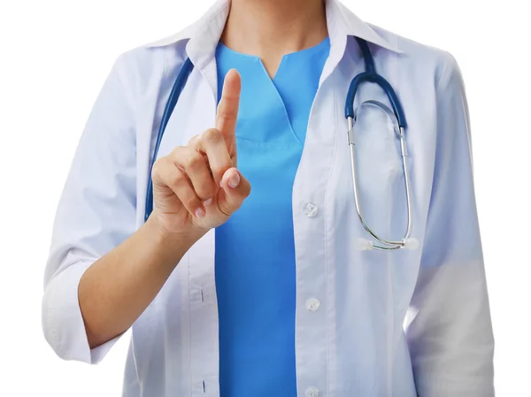 Médico señalando con una mano, aislado en blanco, primer plano — Foto de Stock