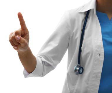 Tıp doktoru işaret eden el, izole üzerinde beyaz, yakın çekim