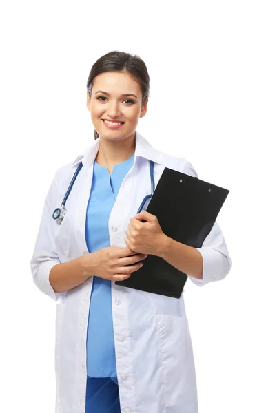 Smiling medical doctor holding a folder isolated on white Royalty Free Stock Images