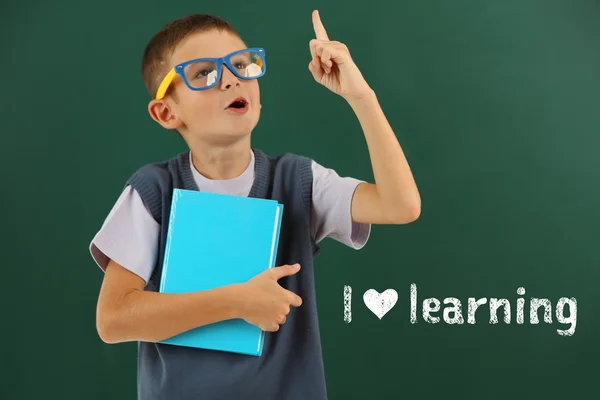 Cheerful Boy Blackboard Love Learning Concept — Stock Photo, Image