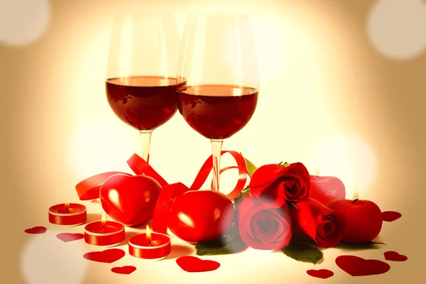 Red wine, roses and candles — Stock Photo, Image
