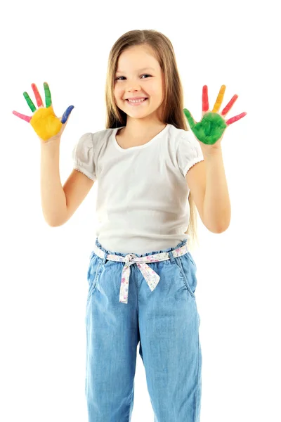 Little girl with hands in paint — Stock Photo, Image