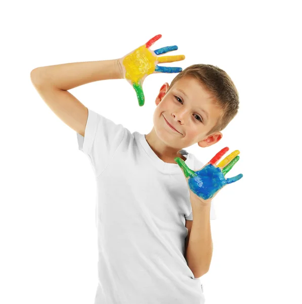 Little boy with hands in paint — Stock Photo, Image