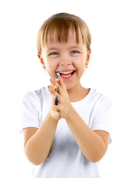 Kleines Mädchen mit Händen in Farbe — Stockfoto