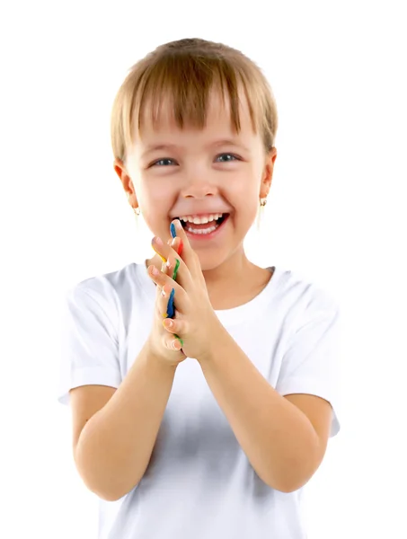 Little girl with hands in paint — Stock Photo, Image