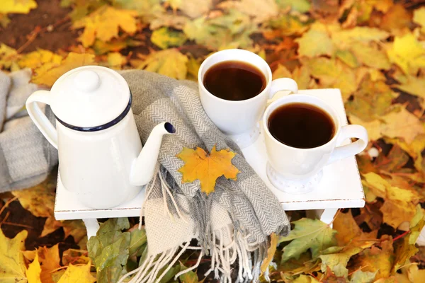 Herfst samenstelling met warme drank op aard achtergrond — Stockfoto