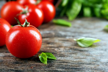 Ahşap masa üzerinde Fesleğenli domates yakın çekim