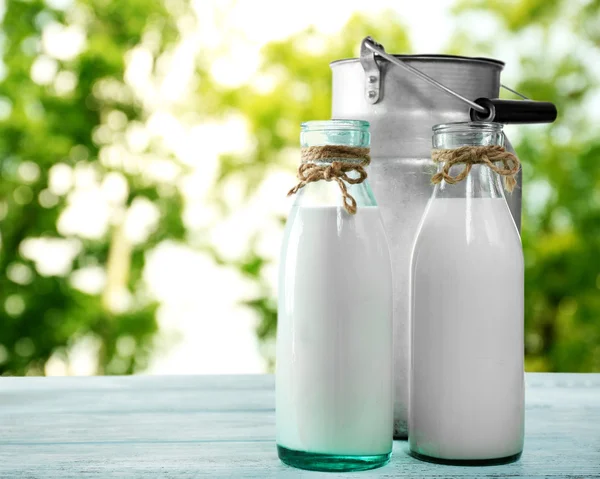 Retro can for milk and glass bottles of milk on nature background — Stock Photo, Image