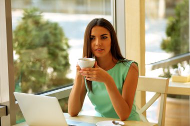 Dizüstü bilgisayarı olan güzel genç bir kadın. 