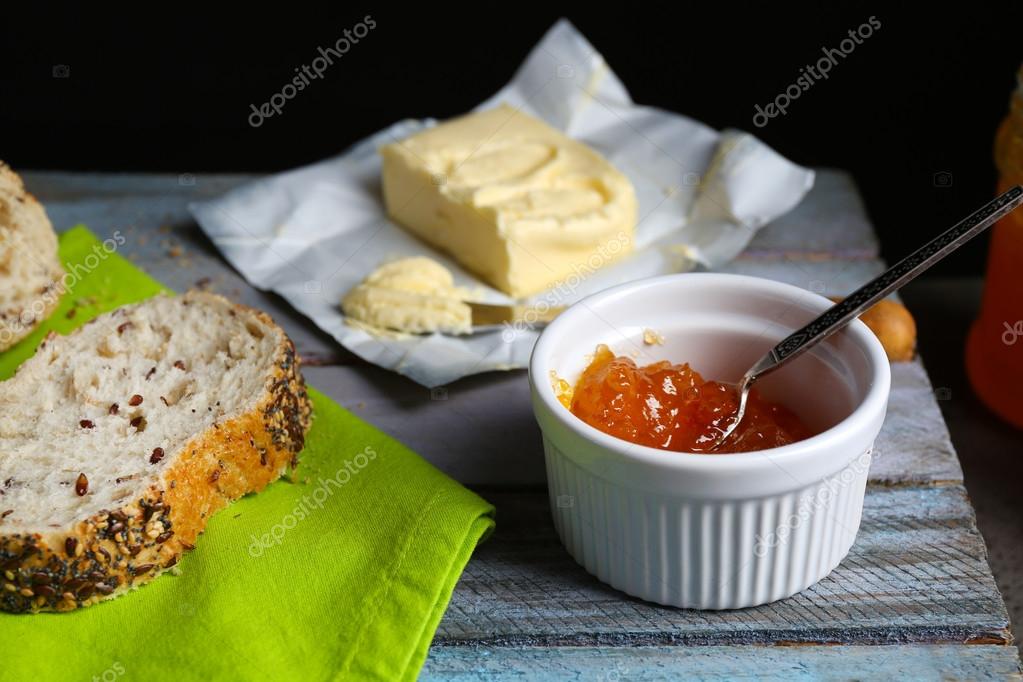 Tasty Jam In The Bowl Butter And Fresh Bread On Green Napkin Close Up Stock Photo Image By C Belchonock 0765