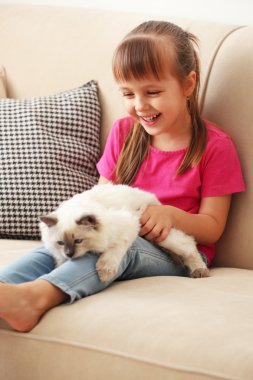 Yavru kedi ile küçük şirin kız